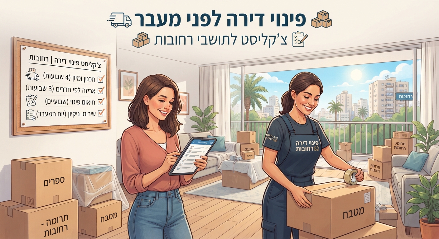 דירה מוארת ומאורגנת בתהליך אריזה ופינוי לקראת מעבר ברחובות, עם ארגזי קרטון מסודרים ולוח כתיבה עם צ'קליסט משימות.