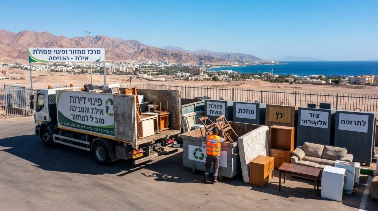 רהיטים ישנים (ספה, כיסא וארון) מוכנים לפינוי ומיחזור בנקודת איסוף מורשית, על רקע נוף עירוני באילת.