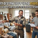 אדם עומד מודאג בתוך דירה עמוסה בחפצים, קרטונים ובלאגן במהלך פינוי דירה לא מתוכנן.