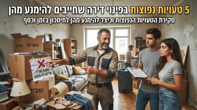 אדם עומד מודאג בתוך דירה עמוסה בחפצים, קרטונים ובלאגן במהלך פינוי דירה לא מתוכנן.