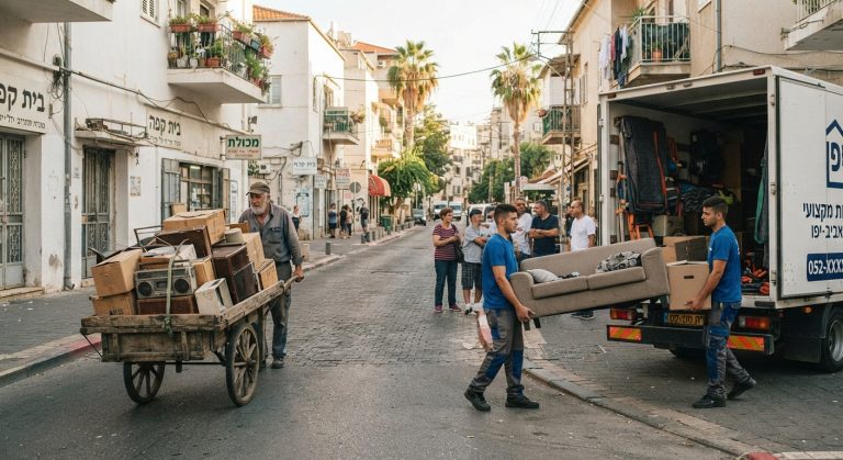 איור נוסטלגי המציג מעבר מעגלת אלטעזאכן מסורתית עם סוס למשאית פינוי דירות וגרוטאות מודרנית, על רקע רחוב עם בנייני באוהאוס בתל אביב.
