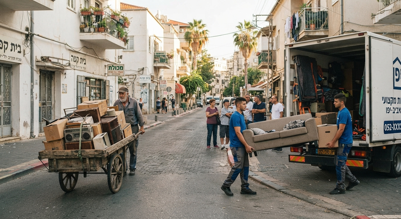 איור נוסטלגי המציג מעבר מעגלת אלטעזאכן מסורתית עם סוס למשאית פינוי דירות וגרוטאות מודרנית, על רקע רחוב עם בנייני באוהאוס בתל אביב.