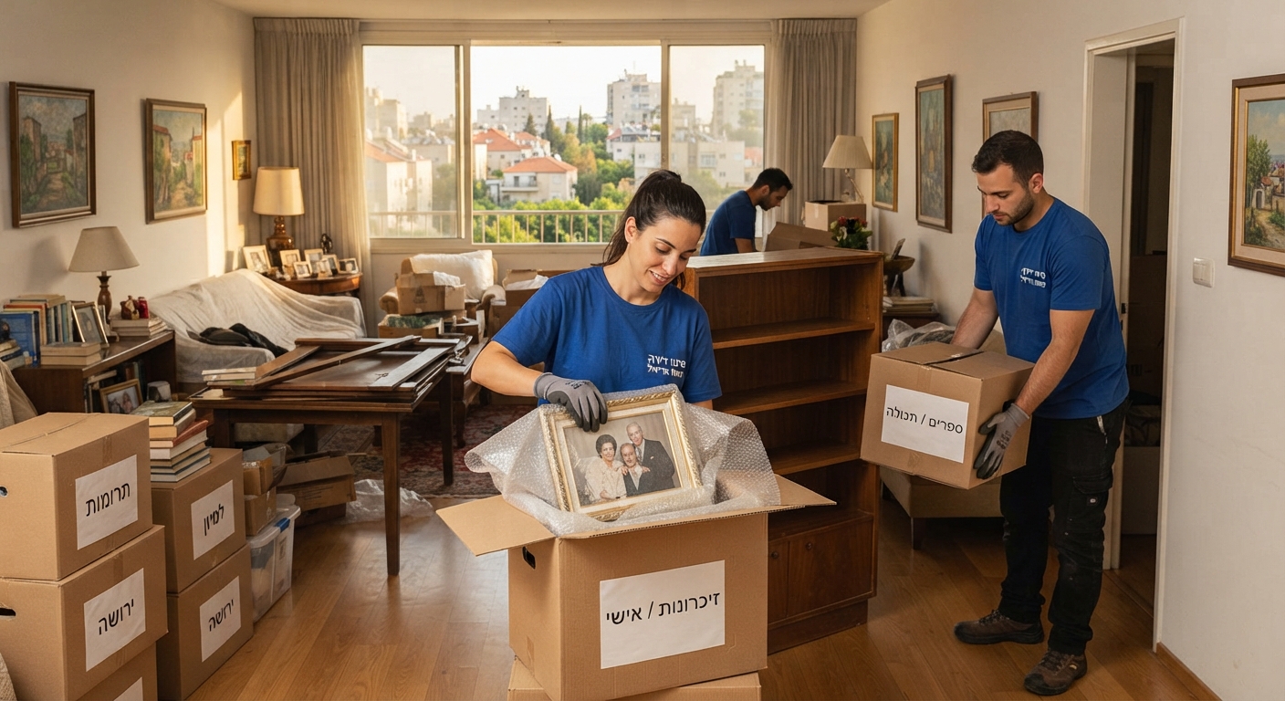 סלון דירה מרווחת ומוארת בגבעת שמואל במהלך פינוי מסודר, עם קרטונים ארוזים ונוף עירוני מודרני הנשקף מהחלון, המייצג תהליך רגיש ומקצועי של פינוי דירת ירושה.