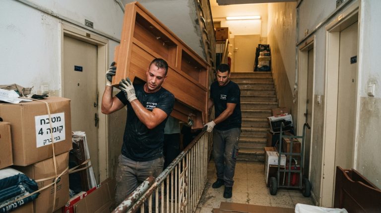 צוות מובילים מקצועי מפנה תכולת דירה בבני ברק מתוך בניין מגורים גבוה ללא מעלית, תוך שימוש בציוד הרמה מקצועי.