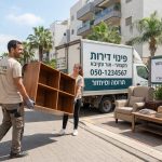 תהליך פינוי רהיטים ישנים באור עקיבא לצורך תרומה לעמותות ומיחזור, מציג אנשים מעמיסים רהיטים על משאית הובלה בסביבה נקייה וירוקה.