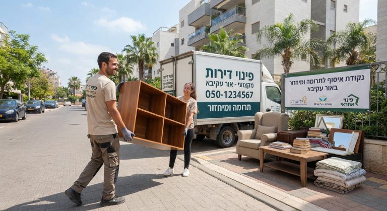 תהליך פינוי רהיטים ישנים באור עקיבא לצורך תרומה לעמותות ומיחזור, מציג אנשים מעמיסים רהיטים על משאית הובלה בסביבה נקייה וירוקה.