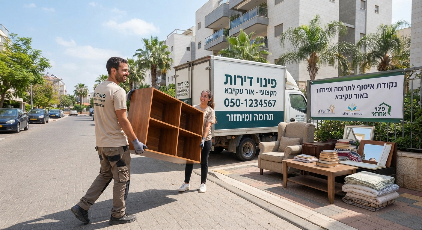 תהליך פינוי רהיטים ישנים באור עקיבא לצורך תרומה לעמותות ומיחזור, מציג אנשים מעמיסים רהיטים על משאית הובלה בסביבה נקייה וירוקה.