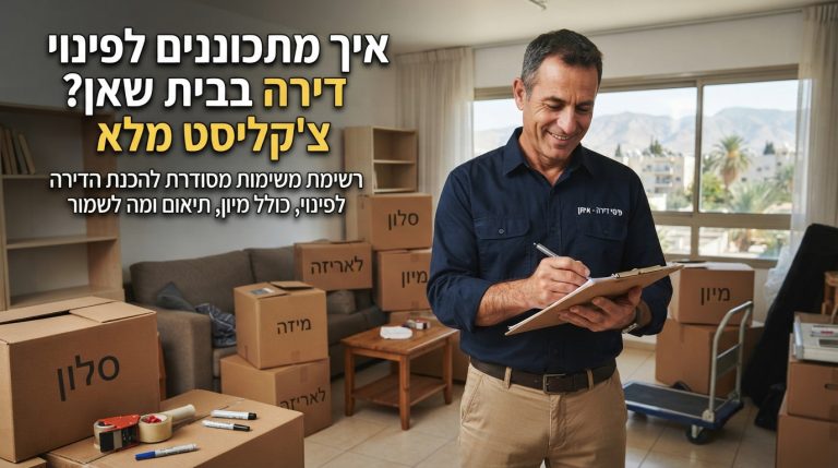 איור של אדם המארגן ארגזים ומסמן משימות בצ'קליסט, כהכנה מסודרת לתהליך פינוי דירה בבית שאן.