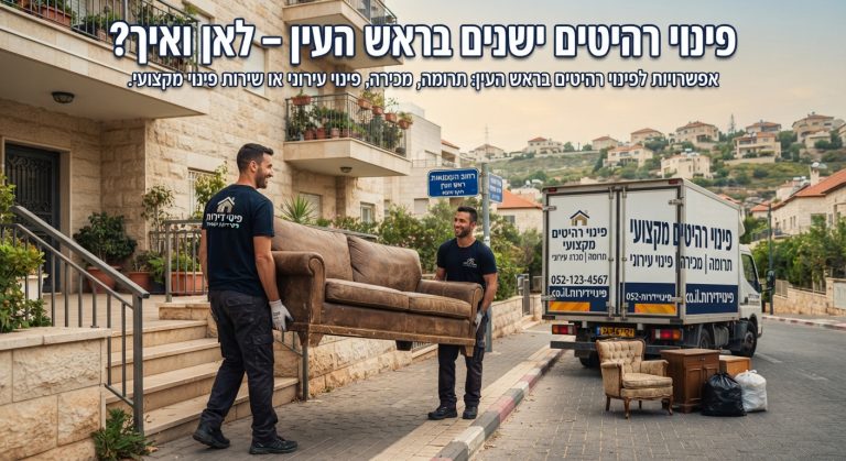 אנשי מקצוע מפנים ספה ורהיטים ישנים מדירה בראש העין בצורה מסודרת, כחלק משירות פינוי רהיטים ודירות.