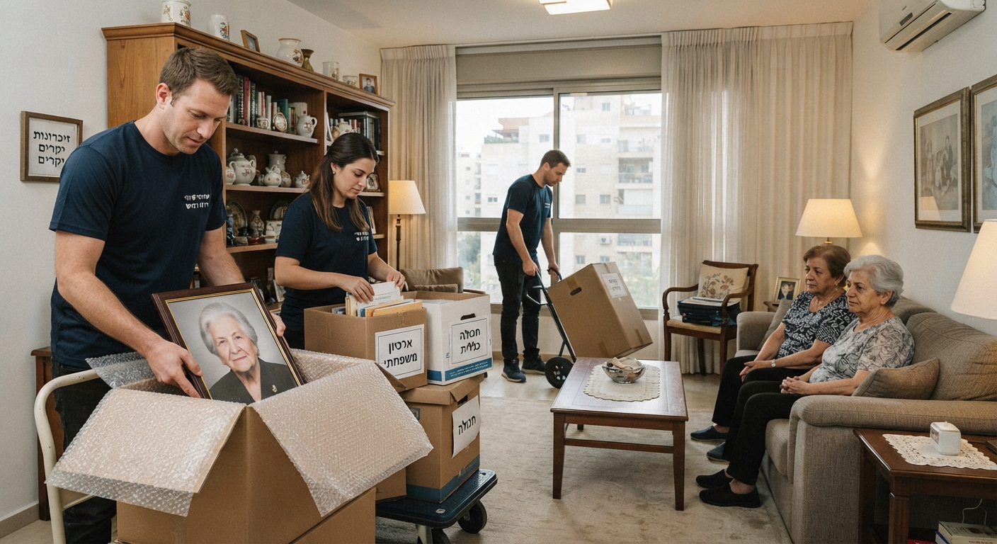 דירה מוארת ומאורגנת ברמת השרון במהלך תהליך מכבד של פינוי תכולה ומיון חפצים לאחר פטירה, המשרה תחושת סדר ורוגע.