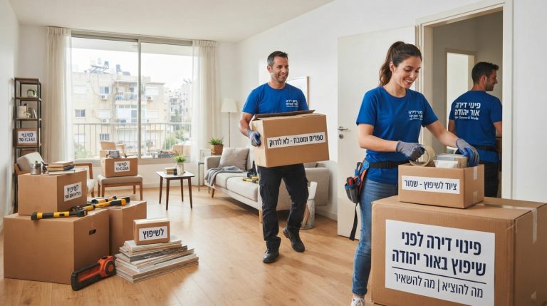דירה באור יהודה בתהליך פינוי ואריזה כהכנה לקראת פרויקט שיפוץ, חלל פתוח וארגזים מוכנים להובלה