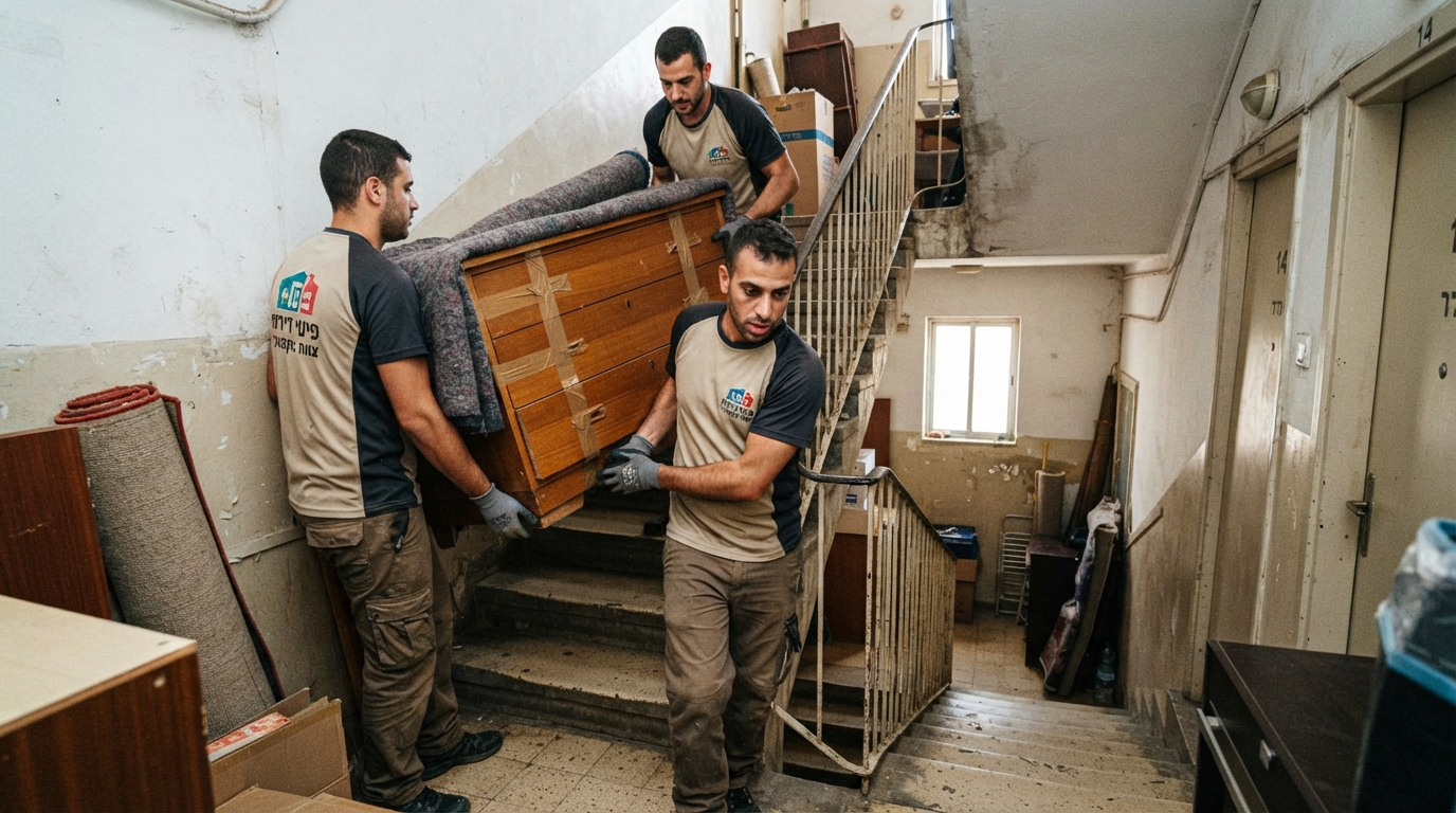 צוות מובילים מקצועי של חברת פינוי דירות מוריד בזהירות שידת עץ כבדה בגרם מדרגות של בניין מגורים ללא מעלית.