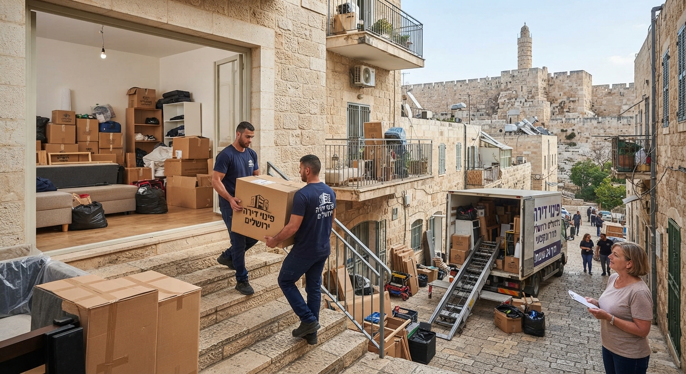 צוות מקצועי של חברת פינוי דירות מפנה תכולת דירה בירושלים במהירות וביעילות, כחלק משירות פינוי דירה דחוף תוך 24 שעות.
