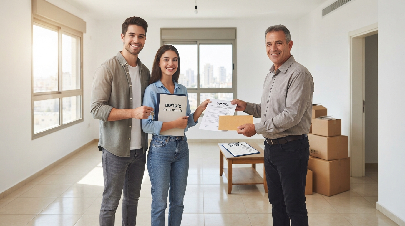 סלון של דירה שכורה ומוארת בבאר שבע, מפונה מרהיטים, נקייה ומסודרת עם ארגזי קרטון ארוזים וצ'קליסט מוכן להחזרת הדירה וקבלת הפיקדון.