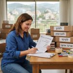 ארגזי קרטון ארוזים ומסודרים לצד לוח כתיבה עם צ'קליסט משימות, בתוך דירה מוארת בתהליך פינוי בצפון