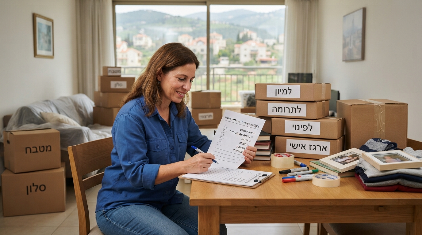 ארגזי קרטון ארוזים ומסודרים לצד לוח כתיבה עם צ'קליסט משימות, בתוך דירה מוארת בתהליך פינוי בצפון