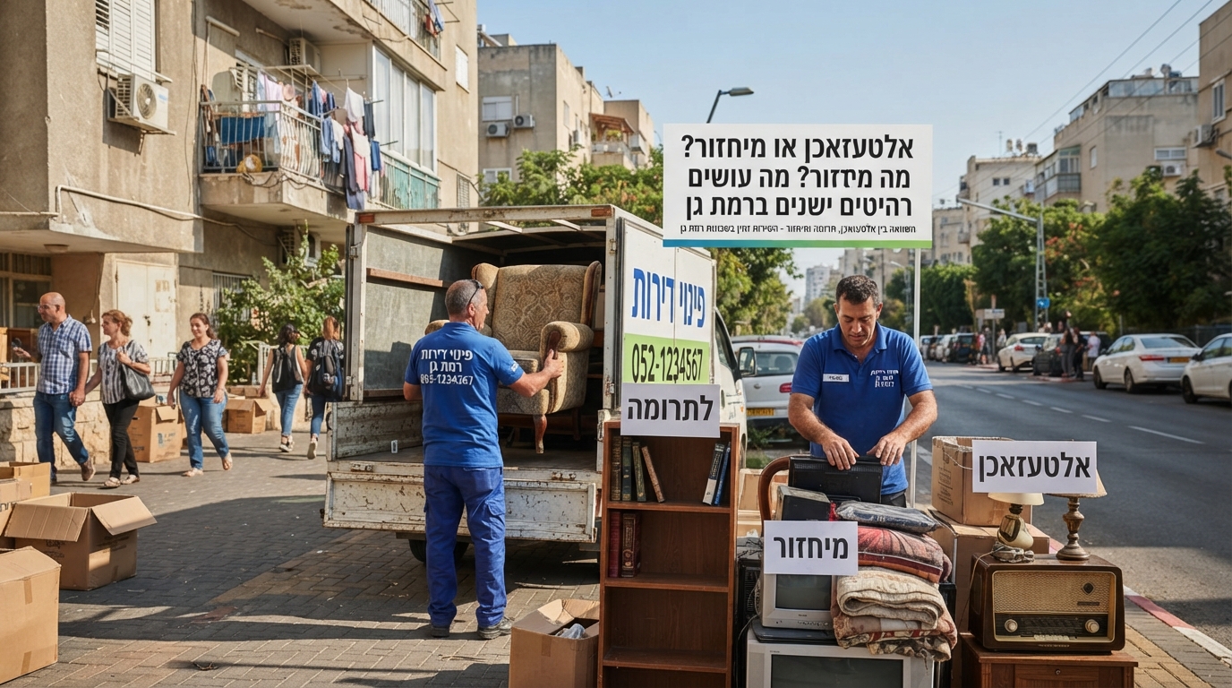 רהיטי עץ וספה ישנה עומדים למסירה או מיחזור על רקע רחוב טיפוסי ברמת גן, הממחישים את הדילמה בין פנייה לאלטעזאכן לבין מיחזור ירוק.