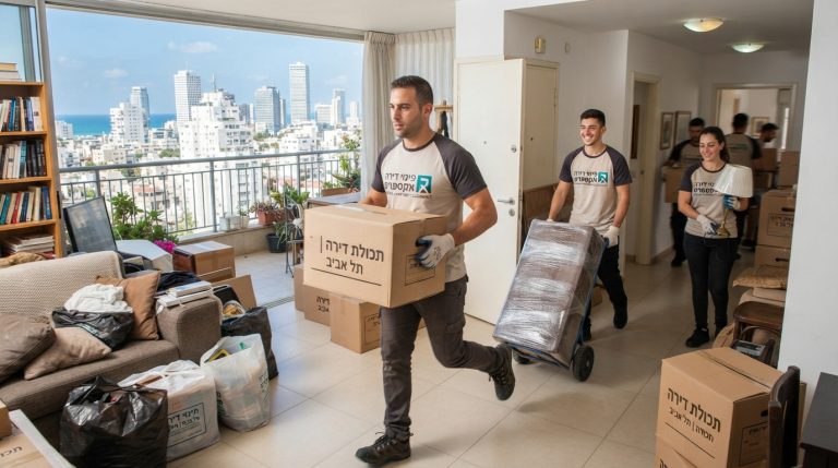 צוות מקצועי של חברת פינוי דירות מפנה ומסדר דירה בתל אביב במהירות וביעילות, עם ארגזים ארוזים ונוף אורבני של תל אביב ברקע.