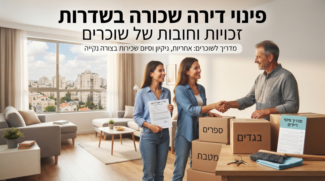 דירה שכורה מוארת ומסודרת בשדרות בתהליך פינוי, עם ארגזי קרטון ארוזים ומפתח על השולחן, המסמלת סיום חוזה שכירות באחריות.