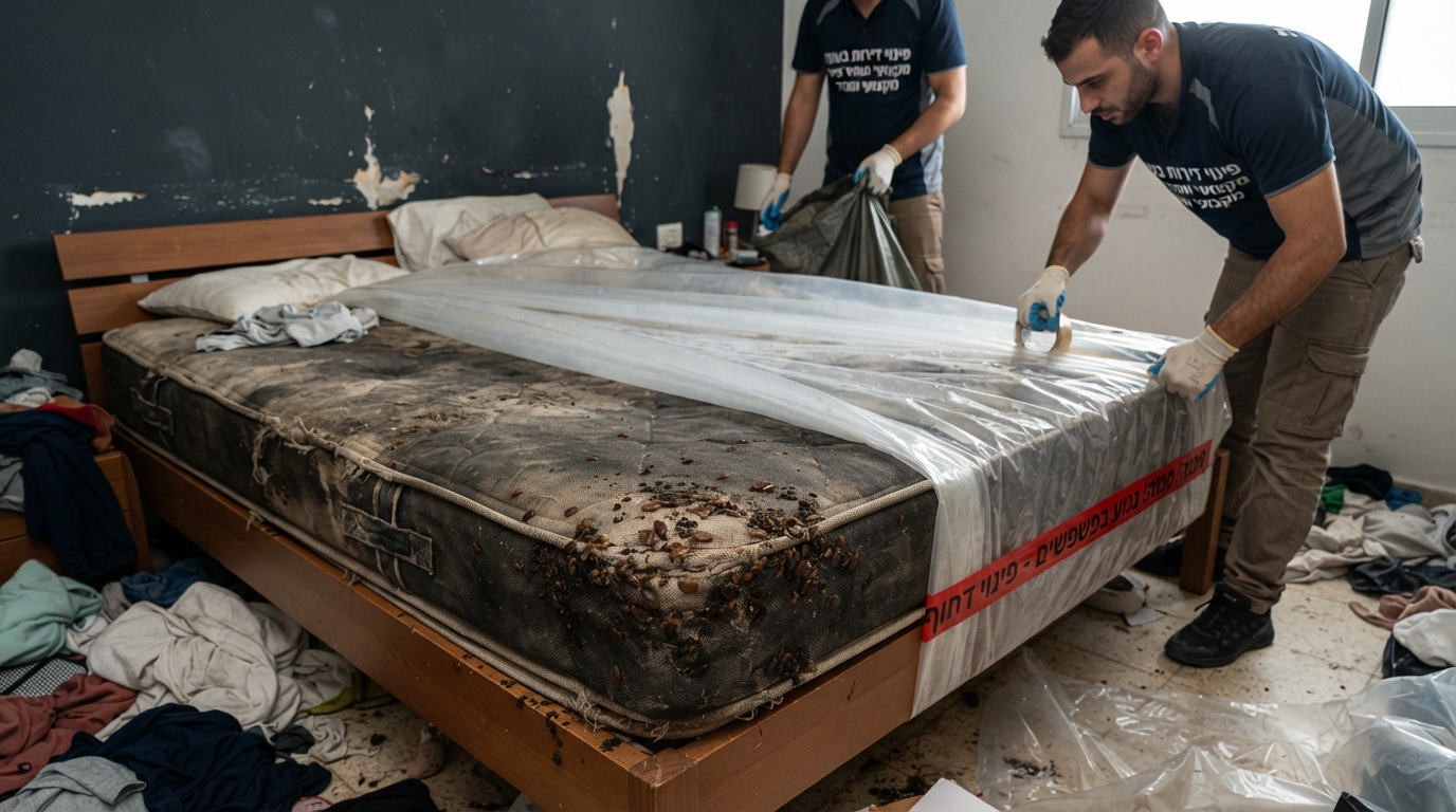 מזרן ישן ובלוי מפונה בצורה מקצועית ובטוחה כדי למנוע התפשטות של פשפשי מיטה בבית.