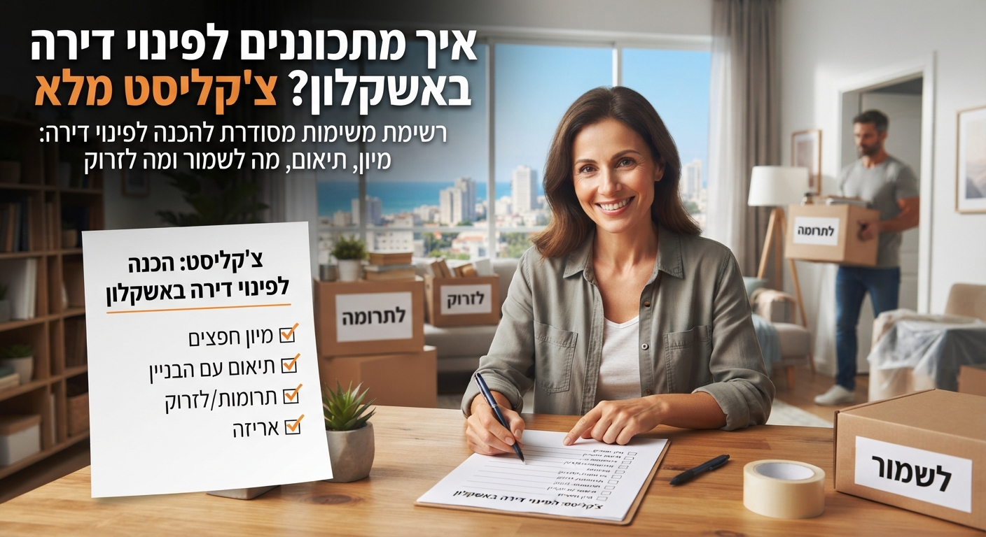 איור של סלון דירה בתהליך אריזה ומיון, עם קרטונים מסודרים, צ'קליסט משימות ברור ונוף אורבני של אשקלון ברקע.