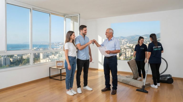סלון של דירה שכורה בחיפה לאחר פינוי תכולה מלא וניקיון, ריקה מחפצים ומוכנה למסירה לבעל הבית בסיום חוזה השכירות.