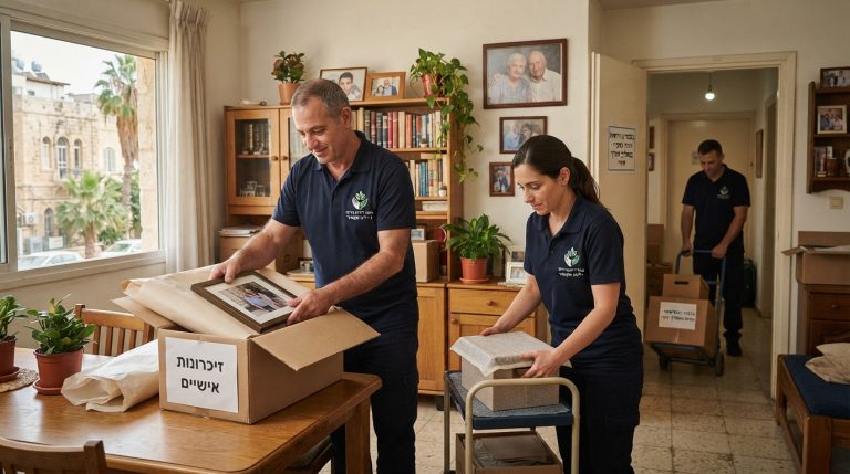 צוות מקצועי ומכבד מסייע באריזה וארגון של תכולת דירה ברמלה לאחר פטירת קרוב משפחה, באווירה רגישה, מוארת ונקייה.