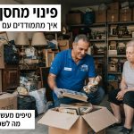 מחסן ביתי ברעננה בתהליך של מיון, אריזה ופינוי של ארגזים וחפצים שנאגרו לאורך שנים, באווירה מסודרת ומקצועית.