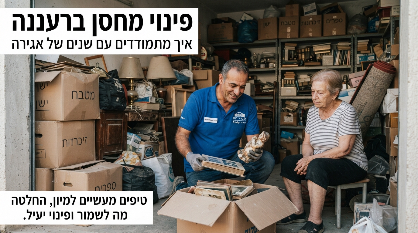 מחסן ביתי ברעננה בתהליך של מיון, אריזה ופינוי של ארגזים וחפצים שנאגרו לאורך שנים, באווירה מסודרת ומקצועית.