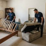מיטה זוגית ישנה עם ארגז מצעים בחדר שינה, מוכנה לפירוק ופינוי מקצועי מהדירה.