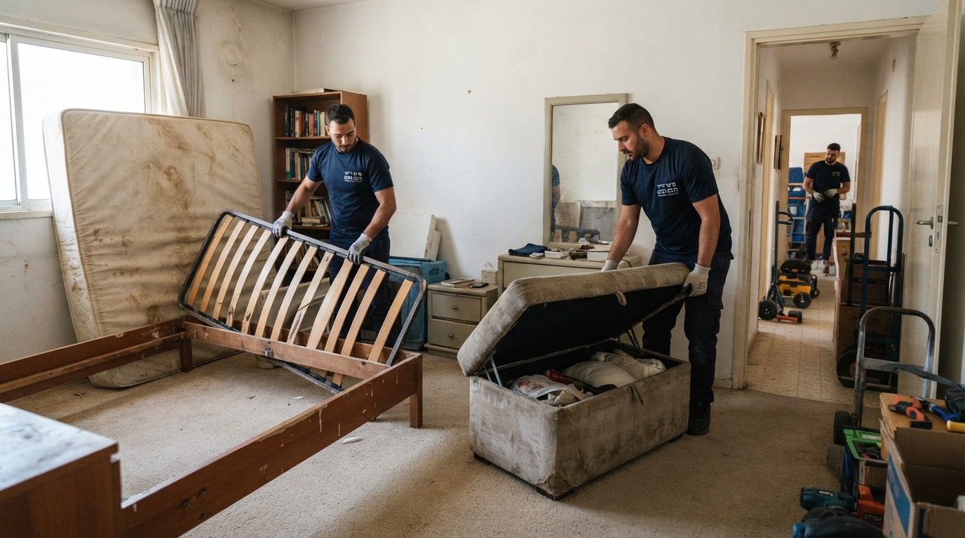 מיטה זוגית ישנה עם ארגז מצעים בחדר שינה, מוכנה לפירוק ופינוי מקצועי מהדירה.