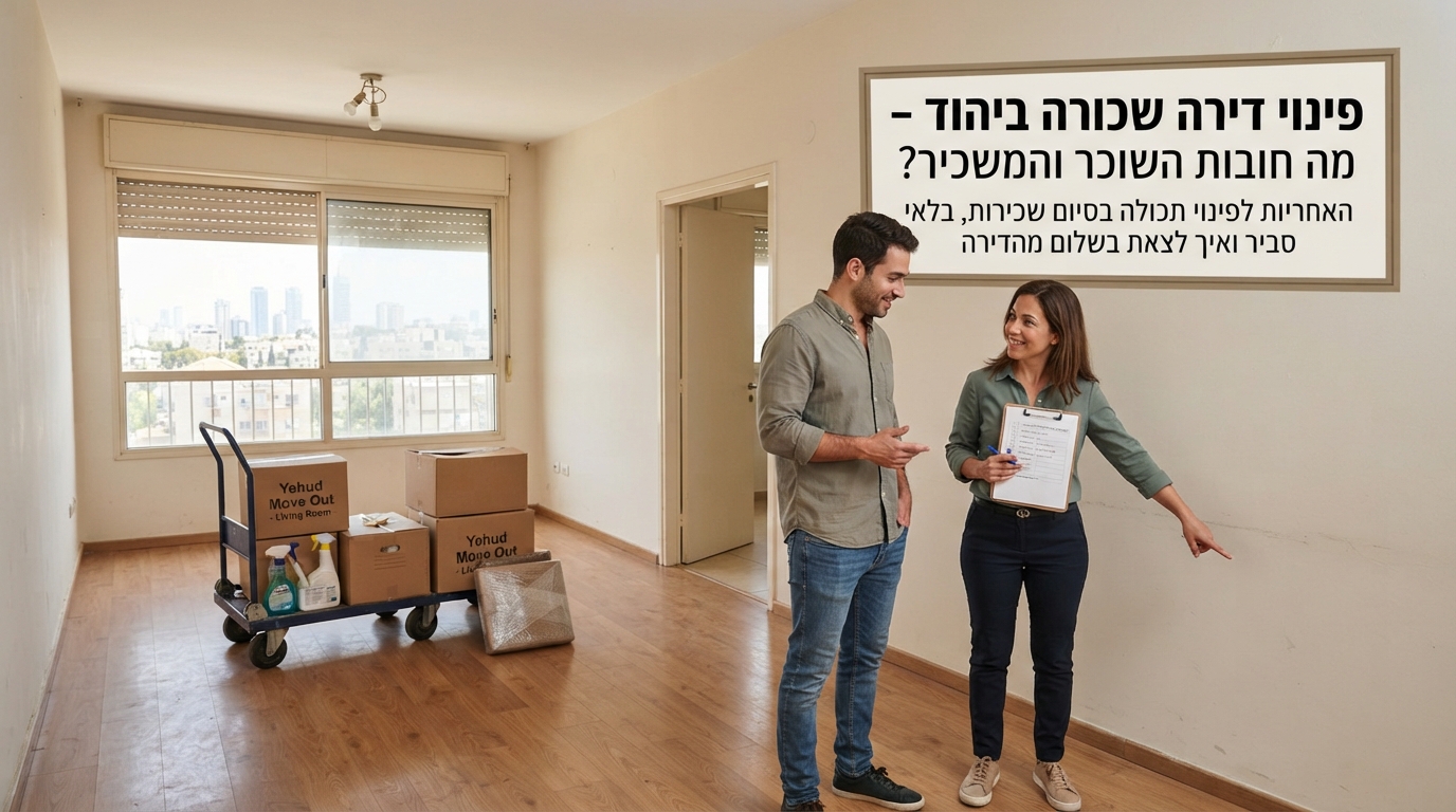 דירה שכורה ביהוד לאחר פינוי תכולה, נקייה ומסודרת, הממחישה את סיום חוזה השכירות ומסירת המפתח בין השוכר למשכיר.