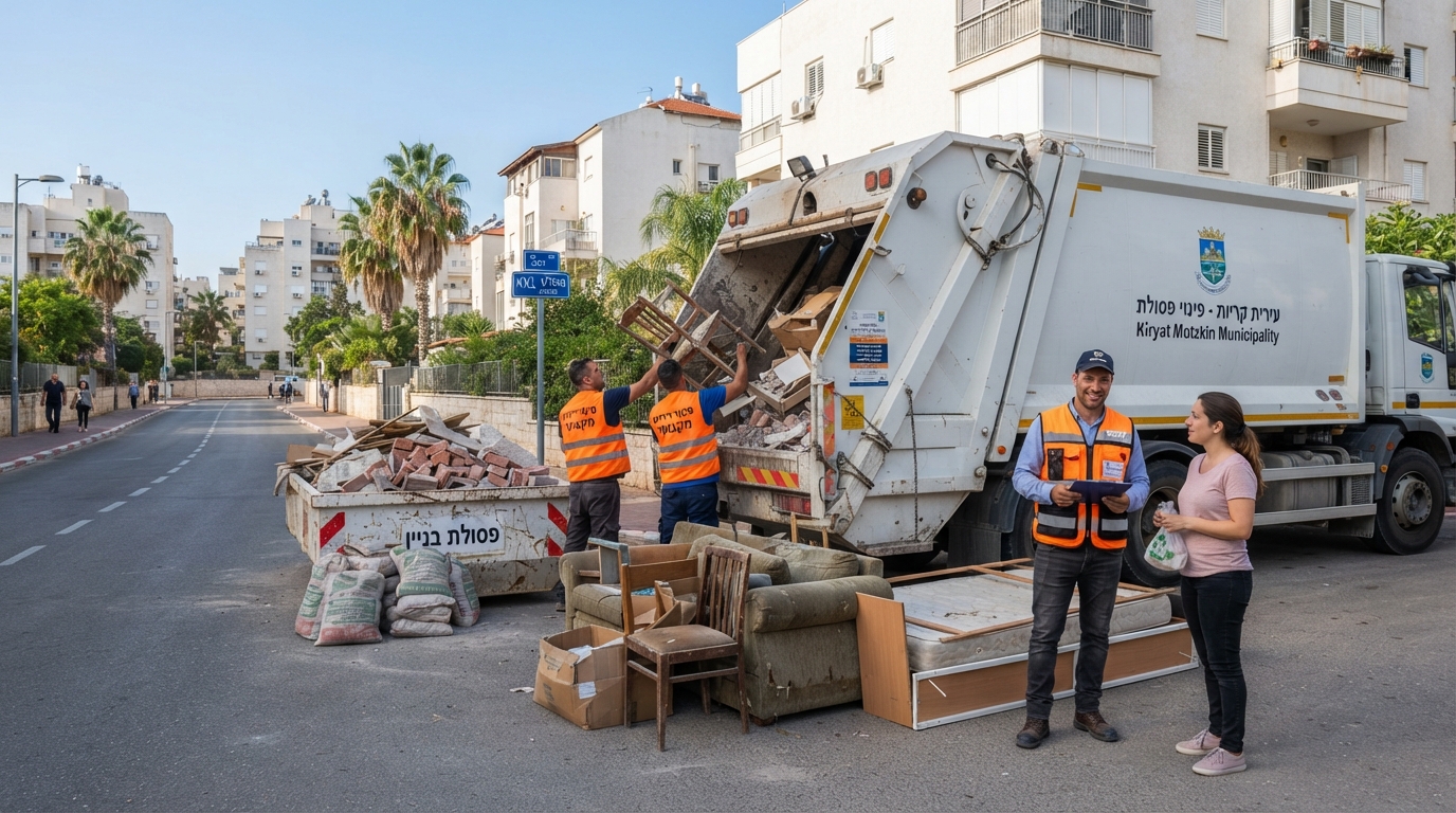 מכולה לפינוי פסולת בניין וריהוט ישן ברחוב בקריית מוצקין, המייצגת פינוי חוקי וירוק לאתרי הטמנה מורשים בקריות.