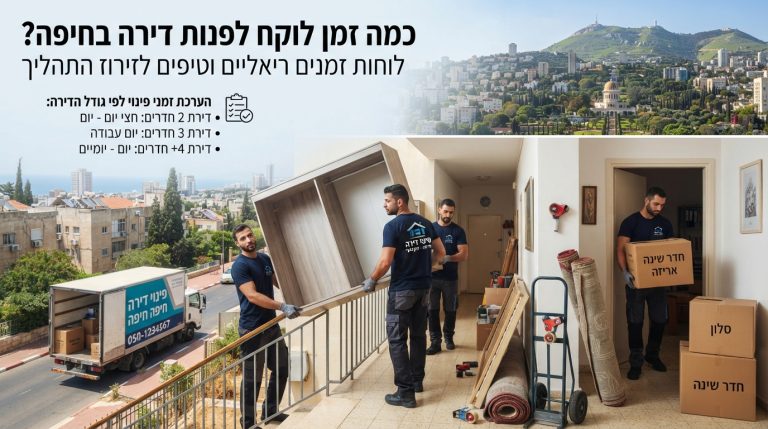 צוות מקצועי של פינוי דירות בחיפה מפנה ארגזים ורהיטים מדירה ביעילות, על רקע נוף העיר חיפה ושעון המציג לוח זמנים מהיר.