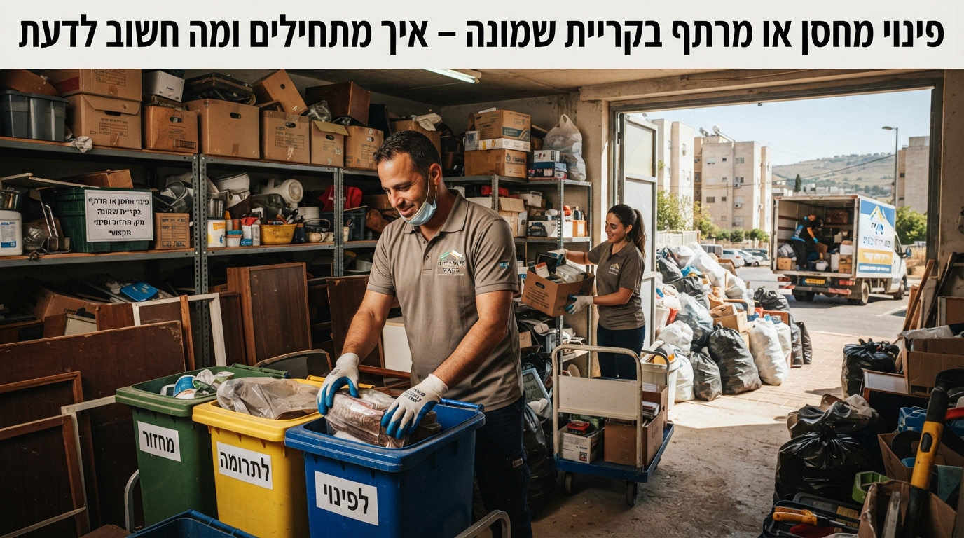 צוות מקצועי של חברת פינוי דירות ממיין ומפנה ארגזים וחפצים ישנים מתוך מחסן עמוס ומבולגן בקריית שמונה.