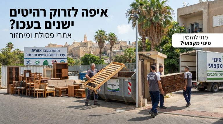 רהיטים ישנים המיועדים לפינוי ולמיחזור בנקודת איסוף פסולת בעיר עכו, לצד שירות פינוי דירות מקצועי.