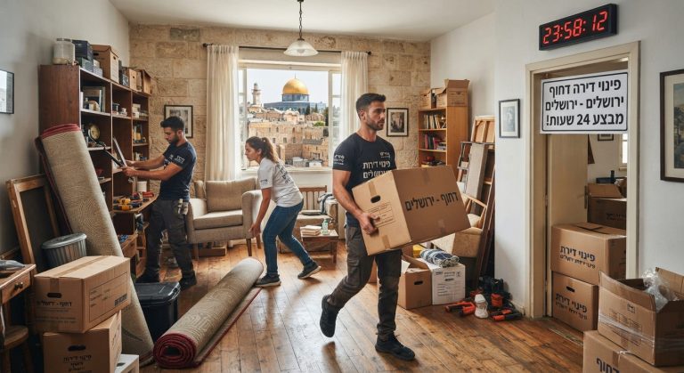 צוות מקצועי של חברת פינוי דירות בירושלים מפנה במהירות וביעילות ארגזים ורהיטים מדירה, כחלק משירות פינוי דחוף תוך 24 שעות.