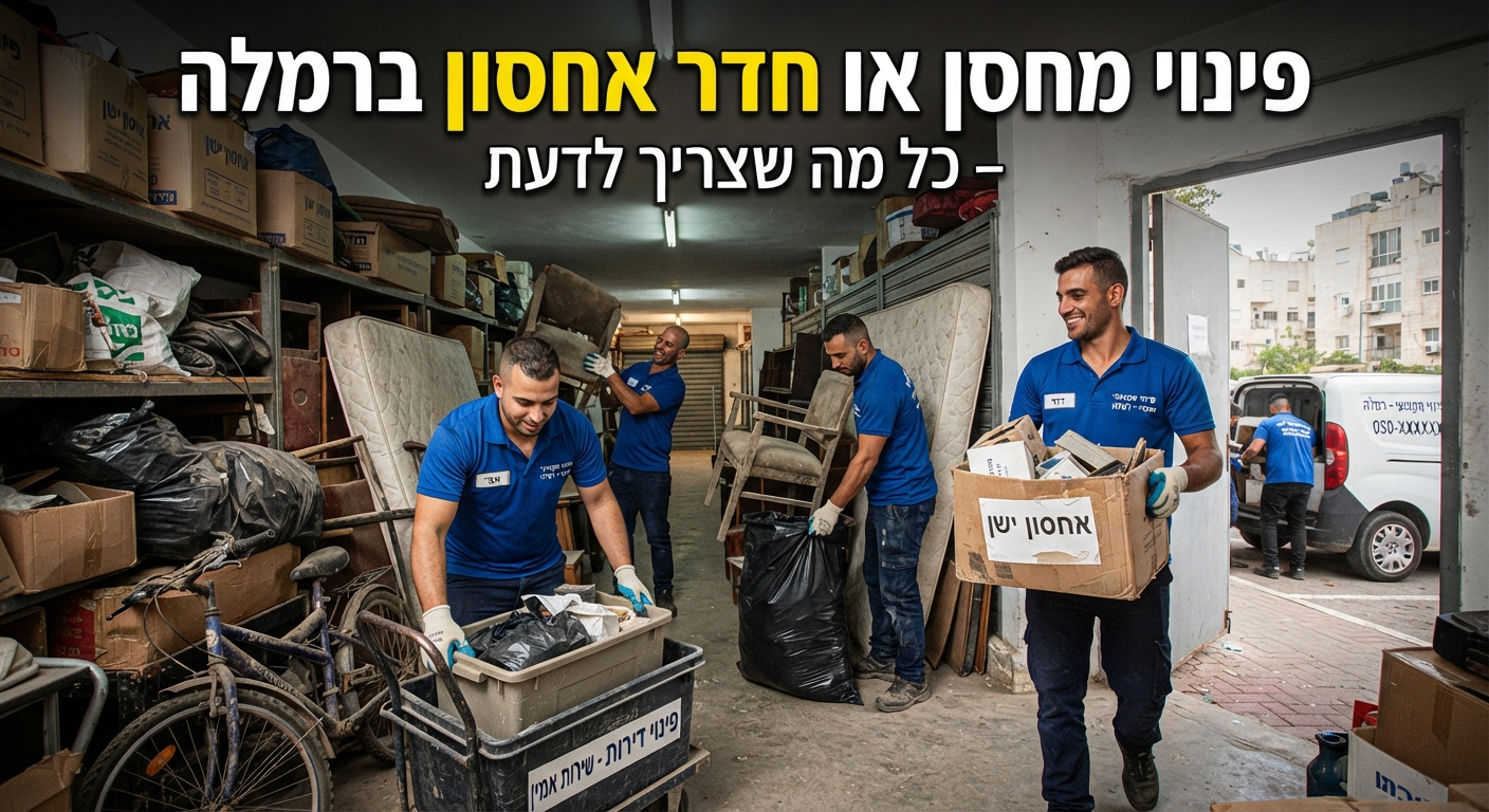 צוות מקצועי מפנה ומארגן מחסן עמוס בציוד ישן, ארגזים ורהיטים, ומחזיר את הסדר והמרחב לחדר האחסון.