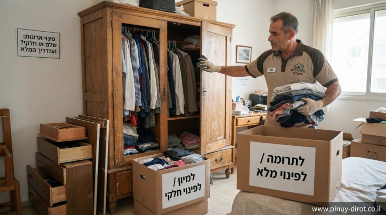ארון בגדים מעץ ישן, חלקו מפורק ובשלבי פינוי, הממחיש את הדילמה בין פינוי ארון בגדים שלם לבין פירוק וזריקת חלקים פגומים.