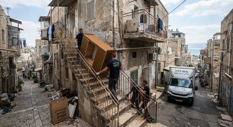 צוות פינוי דירות מקצועי מתמודד עם פינוי תכולה מסמטה צרה ובניין ישן ללא מעלית בשכונה ותיקה בטבריה.