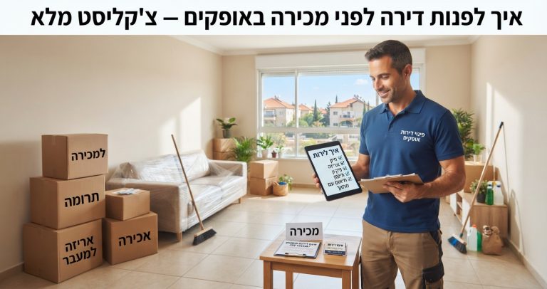 דירה מוארת באופקים בתהליך אריזה ופינוי לקראת מכירה, עם ארגזים מסודרים ודף צ'קליסט של משימות על השולחן.