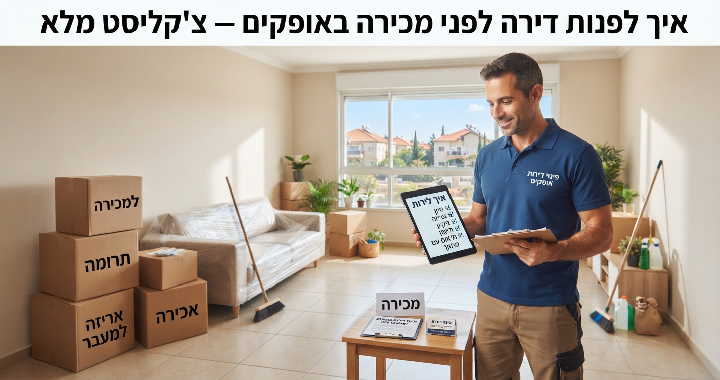 דירה מוארת באופקים בתהליך אריזה ופינוי לקראת מכירה, עם ארגזים מסודרים ודף צ'קליסט של משימות על השולחן.