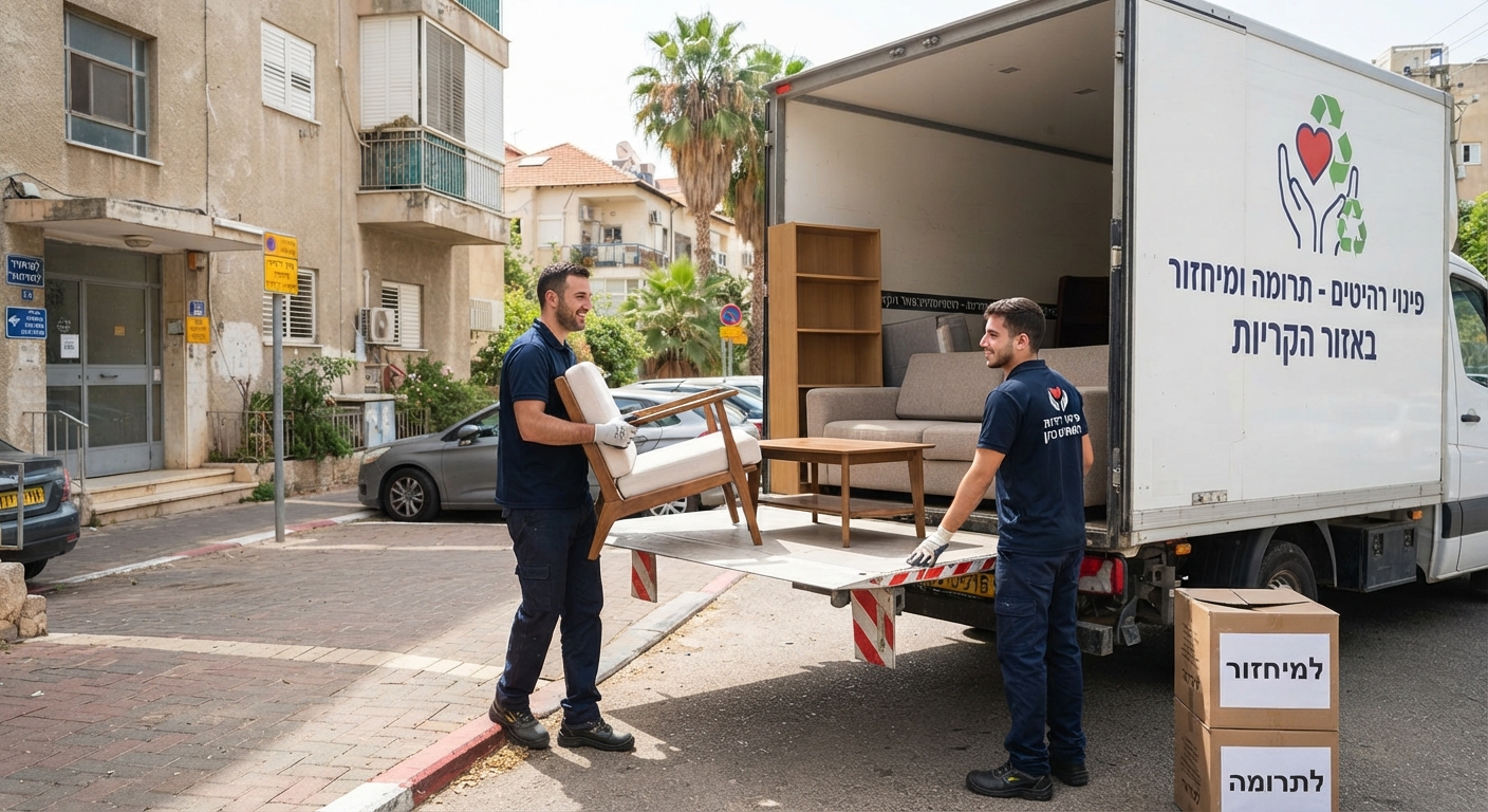 משאית פינוי דירות ורהיטים ישנים לצד סמלי מיחזור ירוקים ותרומה לקהילה באזור הקריות.