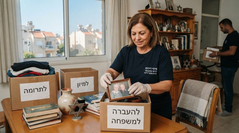 תהליך פינוי ומיון רגיש ומכבד של חפצים וספרים לתוך ארגזי קרטון בדירת מגורים מוארת, כחלק מפינוי דירה לאחר פטירה בקריית מלאכי.