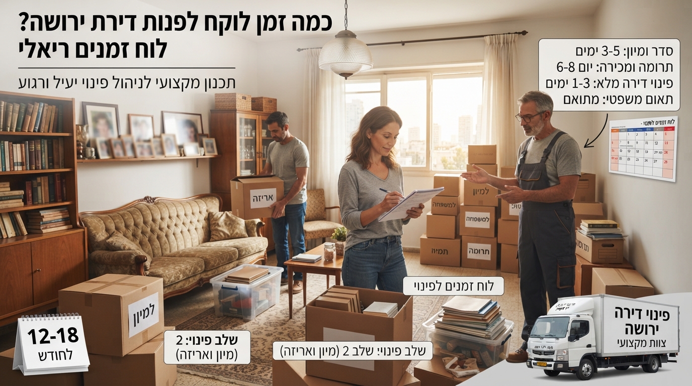אנשי מקצוע אורזים ומפנים ארגזי קרטון ותכולה מתוך דירת ירושה מסודרת, המחיש את תהליך הפינוי ולוחות הזמנים הנדרשים לפרויקט.