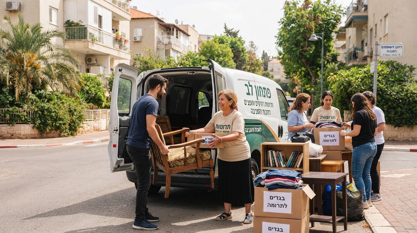 אנשים מובילים רהיטים וארגזים עם תכולת בית למסירה ותרומה ברחובות, מתוך תהליך פינוי דירה חברתי.