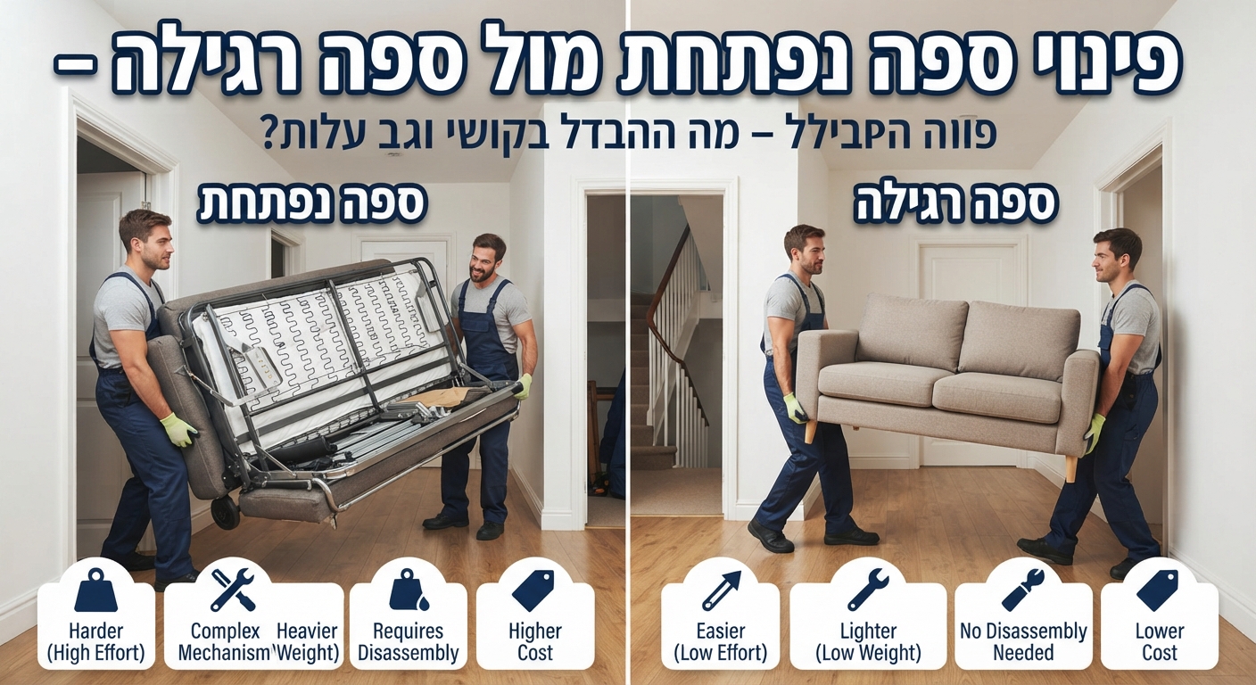 איור השוואתי המציג ספה רגילה קלה לצד ספה נפתחת כבדה עם מנגנון מתכת גלוי, כחלק מתהליך פינוי רהיטים מדירה על ידי מקצוענים.