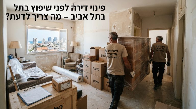 סלון של דירה תל אביבית בתהליך אריזה ופינוי תכולה, עם ארגזים וציוד מוכנים להובלה לפני תחילת עבודות שיפוץ.