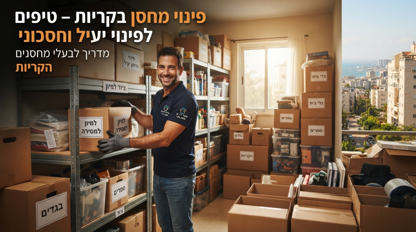 מחסן מאורגן ומסודר בקריות עם ארגזי קרטון ארוזים ומידוף יעיל, הממחיש תהליך של מיון והכנה לקראת פינוי מחסן חסכוני.