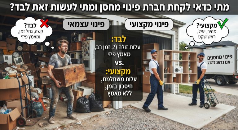 איור השוואתי בין פינוי מחסן באופן עצמאי (DIY) עם ארגזים ובלאגן, לבין פינוי מחסן מקצועי ויעיל על ידי חברת פינוי דירות ומחסנים.